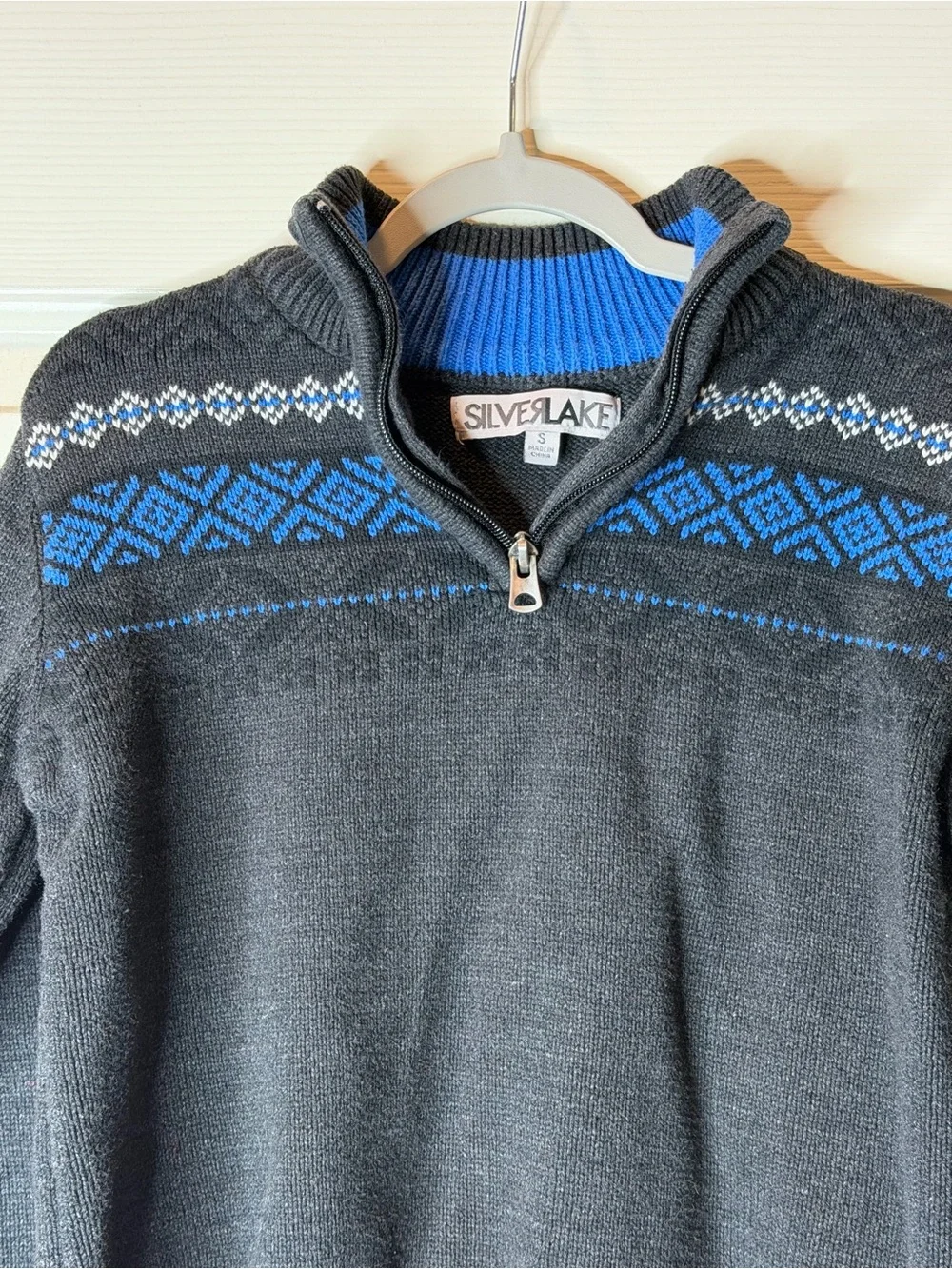 Silverlake Size 8 (S) Boys' Charcoal Half-Zip Sweater with Blue Fair Isle Yoke